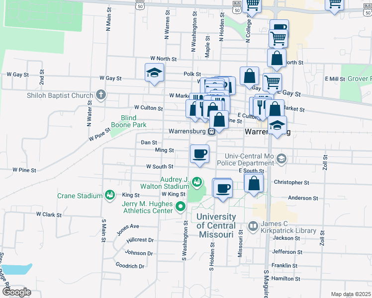 map of restaurants, bars, coffee shops, grocery stores, and more near 121 Ming Street in Warrensburg