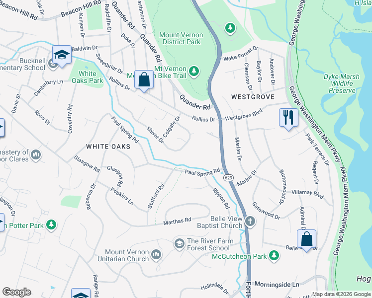 map of restaurants, bars, coffee shops, grocery stores, and more near 1935 Shiver Drive in Alexandria