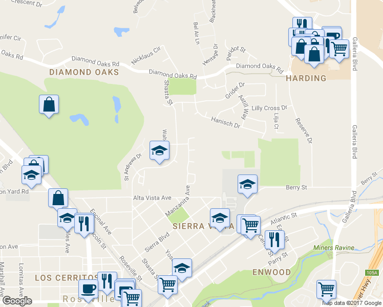 map of restaurants, bars, coffee shops, grocery stores, and more near 640 Nugget Court in Roseville