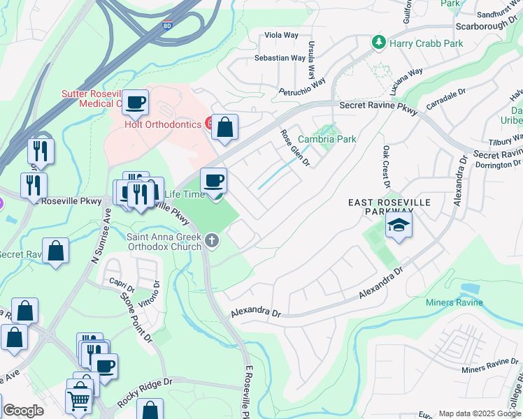 map of restaurants, bars, coffee shops, grocery stores, and more near 1512 Falcon Pointe Lane in Roseville