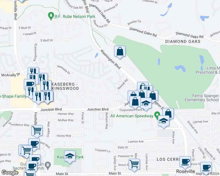 map of restaurants, bars, coffee shops, grocery stores, and more near 804 Cordwell Circle in Roseville