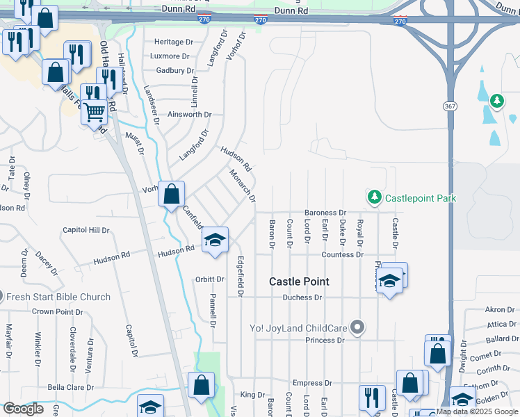map of restaurants, bars, coffee shops, grocery stores, and more near 2241 Baroness Drive in St. Louis