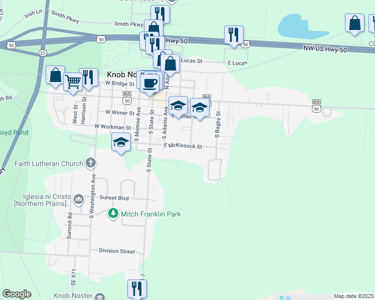 map of restaurants, bars, coffee shops, grocery stores, and more near 405 South Lincoln Avenue in Knob Noster