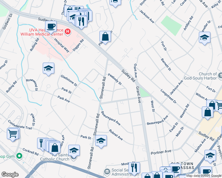 map of restaurants, bars, coffee shops, grocery stores, and more near 9412 Washington Avenue in Manassas