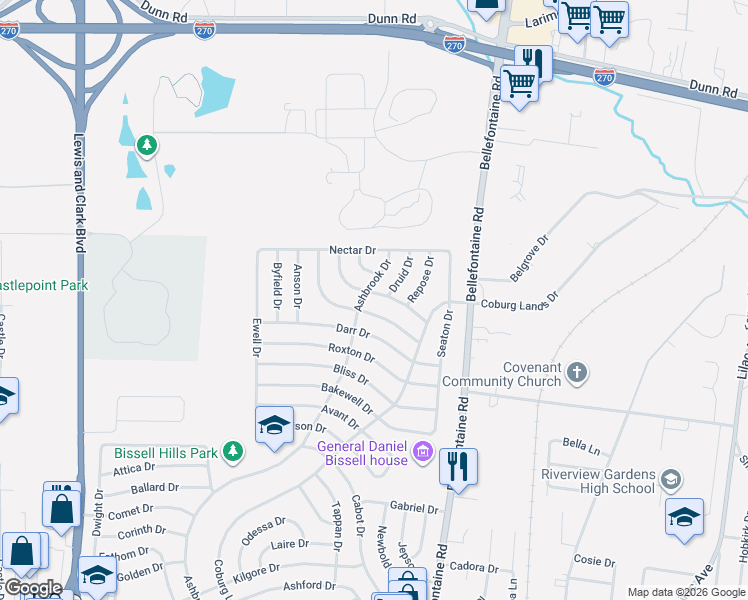map of restaurants, bars, coffee shops, grocery stores, and more near 10440 Ashbrook Drive in St. Louis