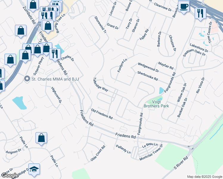 map of restaurants, bars, coffee shops, grocery stores, and more near 1029 Gardenbridge Place in Saint Charles