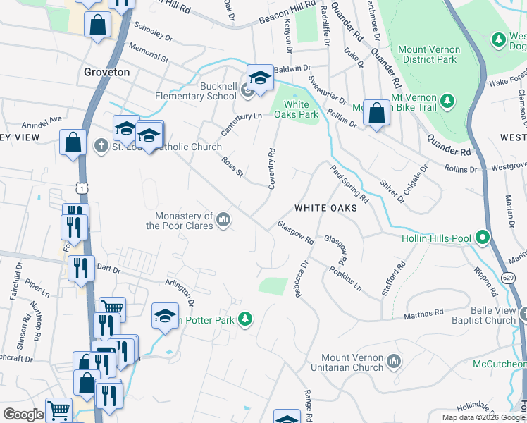 map of restaurants, bars, coffee shops, grocery stores, and more near 7117 Coventry Road in Alexandria