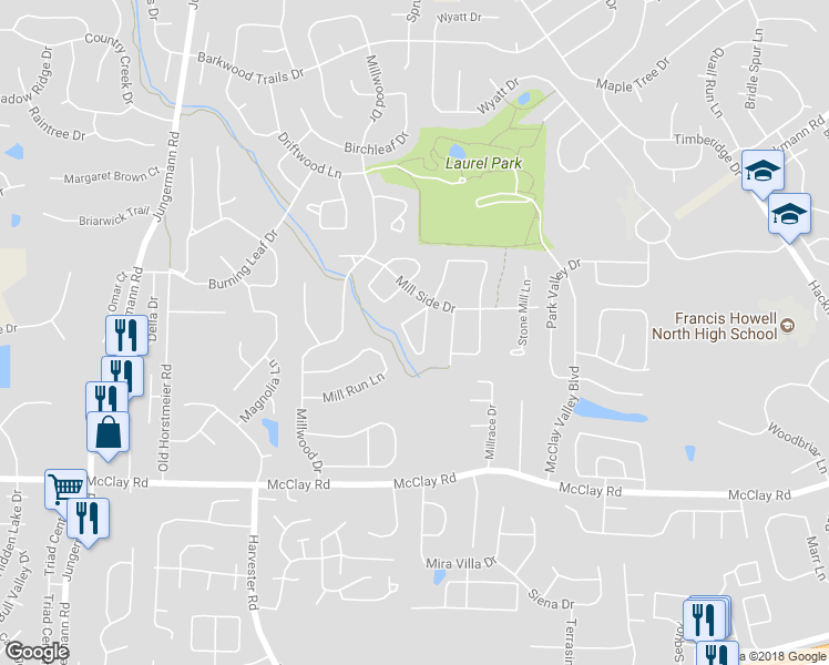map of restaurants, bars, coffee shops, grocery stores, and more near 8 Mill Spring Court in St. Peters
