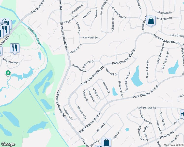 map of restaurants, bars, coffee shops, grocery stores, and more near 78 Park Charles Boulevard South in St. Peters