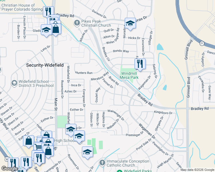 map of restaurants, bars, coffee shops, grocery stores, and more near 5169 Fennel Drive in Colorado Springs