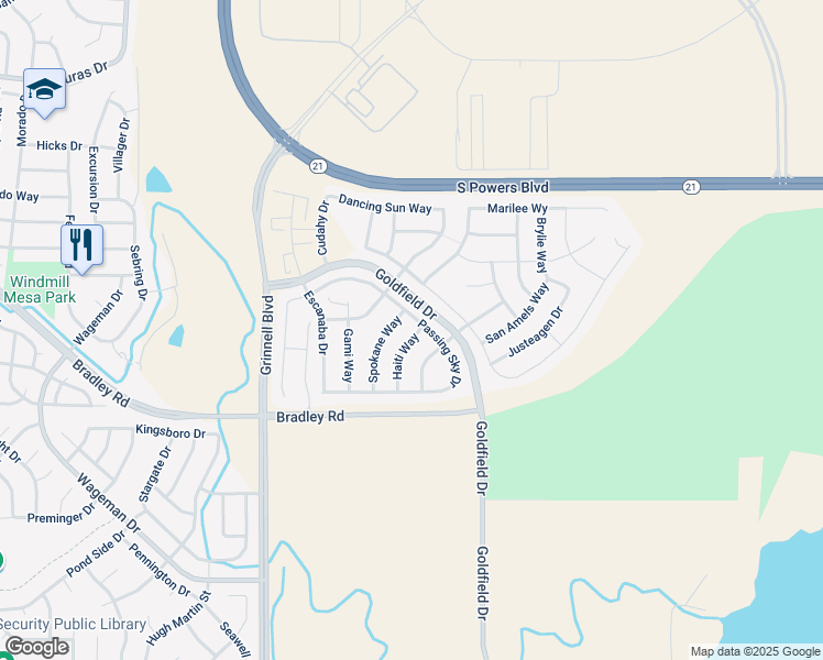 map of restaurants, bars, coffee shops, grocery stores, and more near 4850 Haiti Way in Colorado Springs