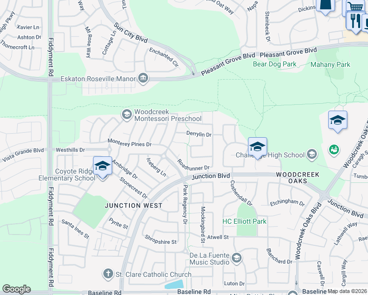 map of restaurants, bars, coffee shops, grocery stores, and more near 232 Pepper Tree Court in Roseville