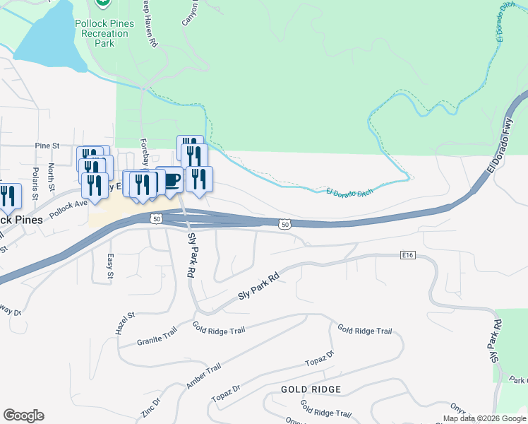 map of restaurants, bars, coffee shops, grocery stores, and more near 6634 Center View Drive in Pollock Pines