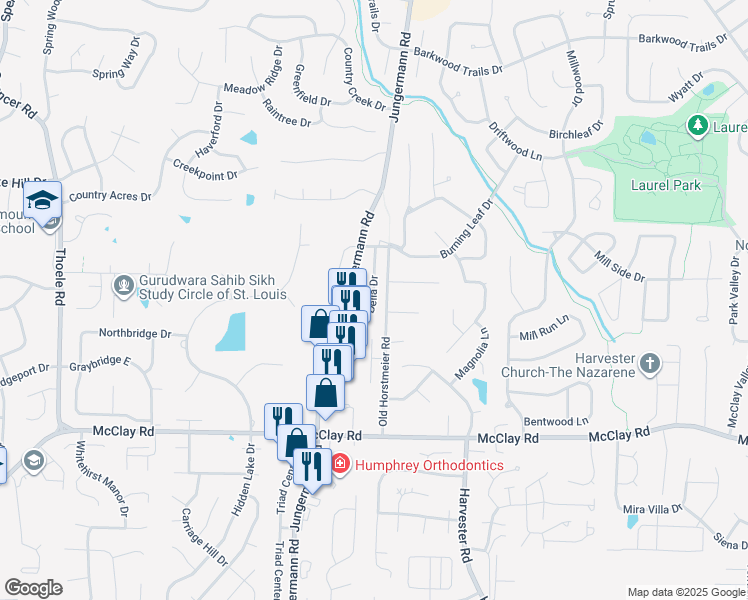 map of restaurants, bars, coffee shops, grocery stores, and more near 333 Della Drive in St. Peters