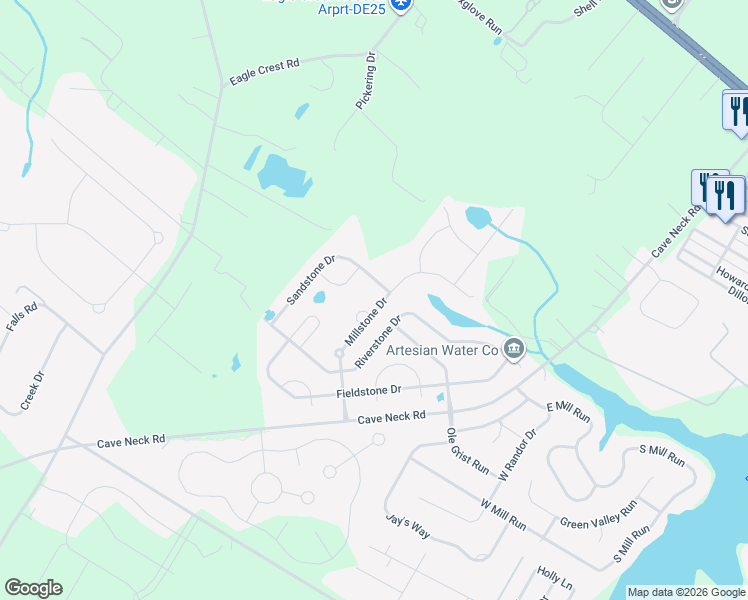 map of restaurants, bars, coffee shops, grocery stores, and more near 16851 Millstone Drive in Milton