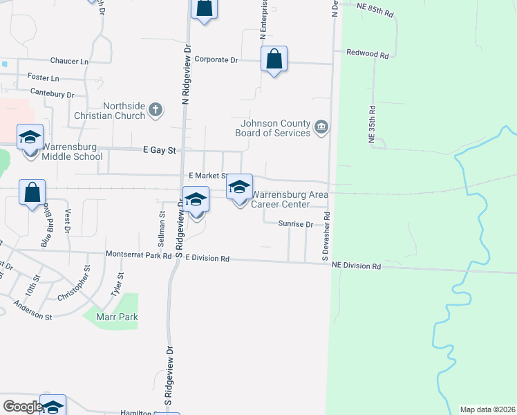 map of restaurants, bars, coffee shops, grocery stores, and more near 104 Shady Lane in Warrensburg