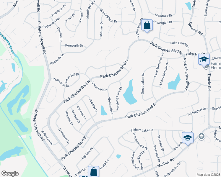map of restaurants, bars, coffee shops, grocery stores, and more near 24 Weatherby Drive in St. Peters