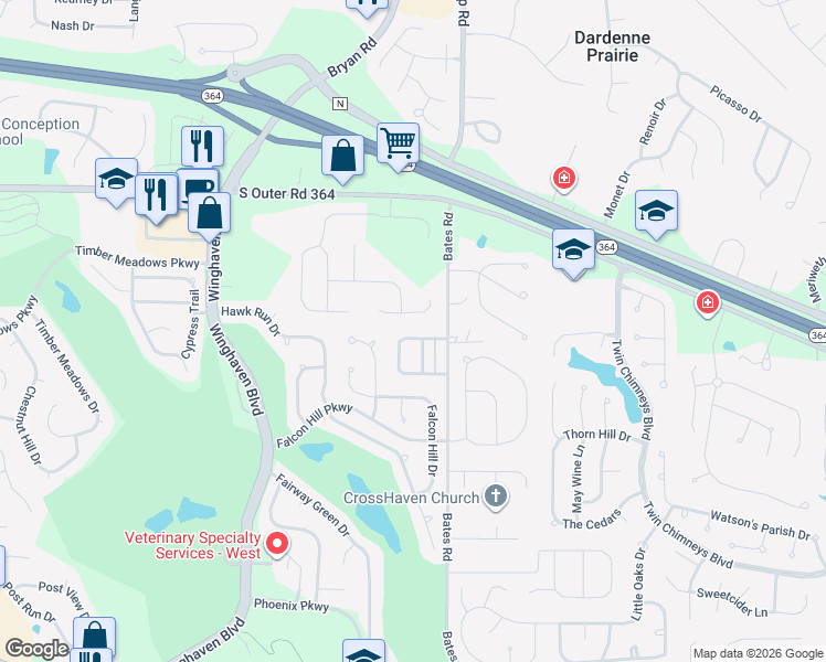map of restaurants, bars, coffee shops, grocery stores, and more near 105 Preston Circle in O'Fallon