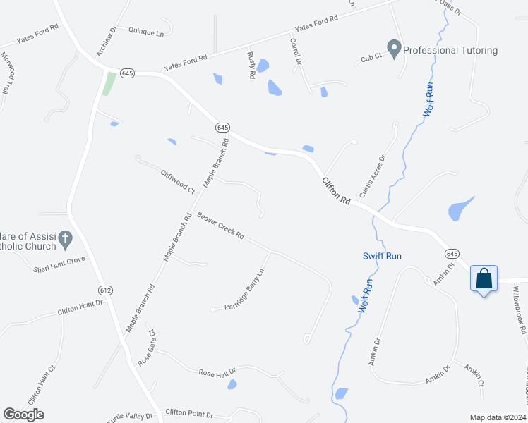 map of restaurants, bars, coffee shops, grocery stores, and more near 7427 Maple Branch Road in Clifton