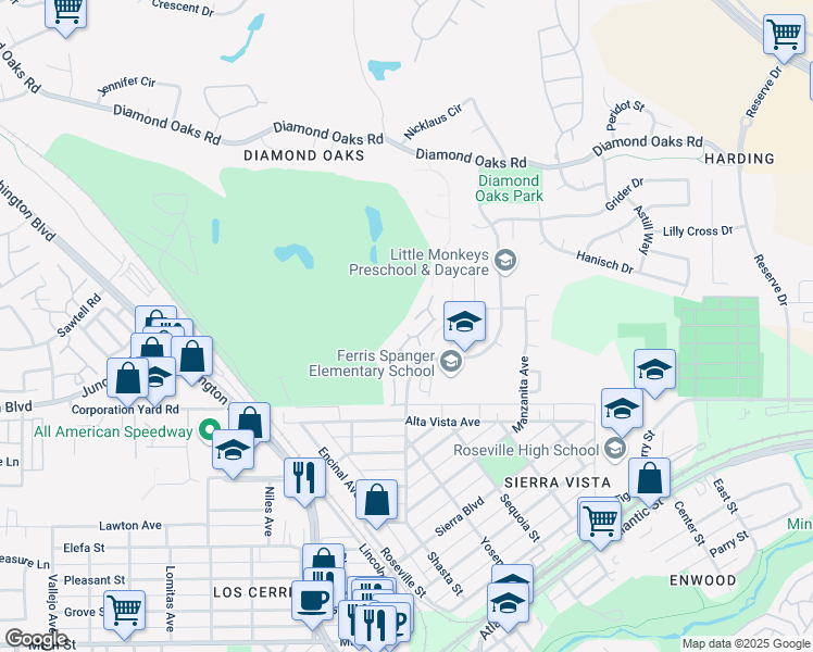 map of restaurants, bars, coffee shops, grocery stores, and more near 293 Castlewood Circle in Roseville