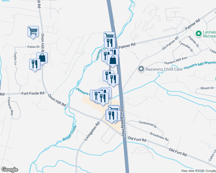 map of restaurants, bars, coffee shops, grocery stores, and more near 9317 Livingston Road in Fort Washington