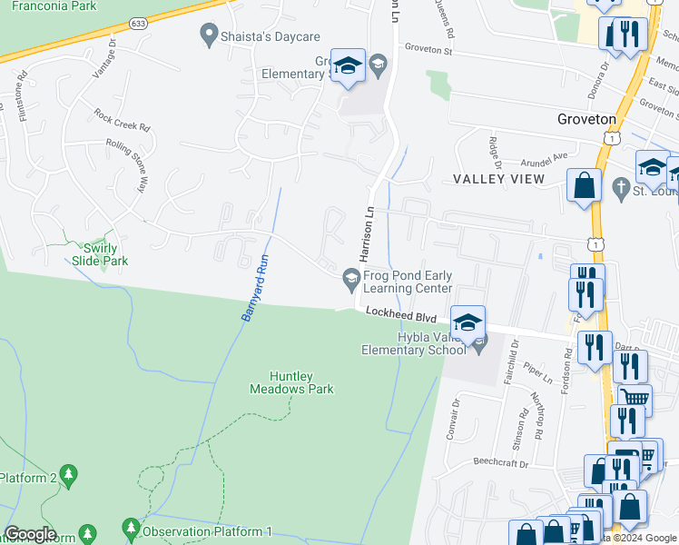 map of restaurants, bars, coffee shops, grocery stores, and more near 7197 Fairfield Court in Alexandria