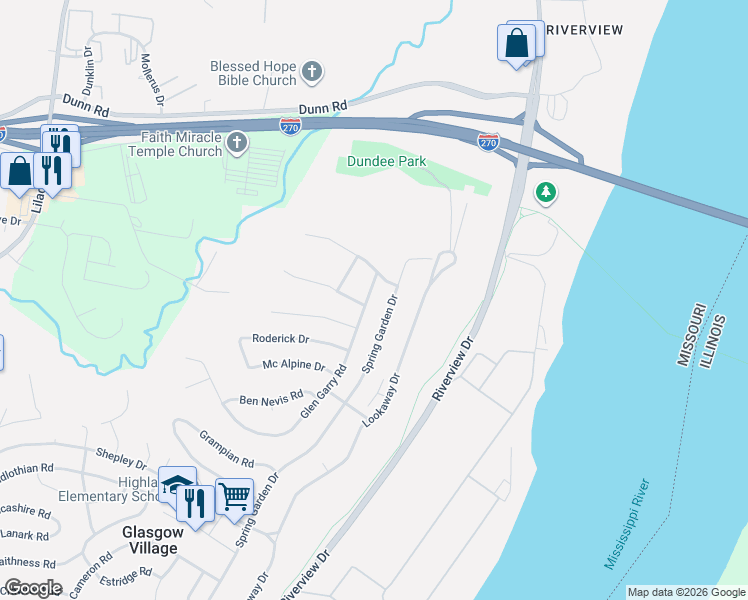 map of restaurants, bars, coffee shops, grocery stores, and more near 10824 Glen Garry Road in St. Louis