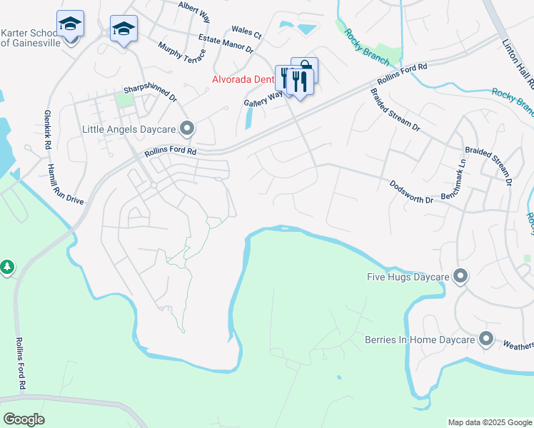 map of restaurants, bars, coffee shops, grocery stores, and more near 13752 Estate Manor Drive in Gainesville