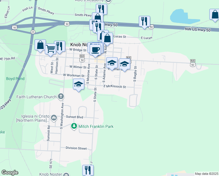 map of restaurants, bars, coffee shops, grocery stores, and more near 205 East McKissock Street in Knob Noster