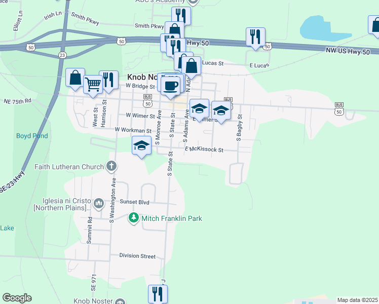 map of restaurants, bars, coffee shops, grocery stores, and more near 205 East McKissock Street in Knob Noster