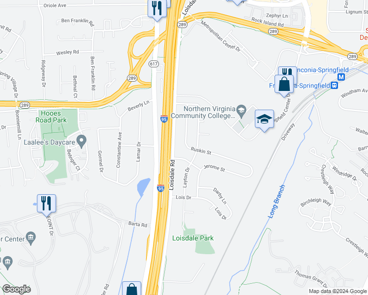 map of restaurants, bars, coffee shops, grocery stores, and more near 6907 Ruskin Street in Springfield