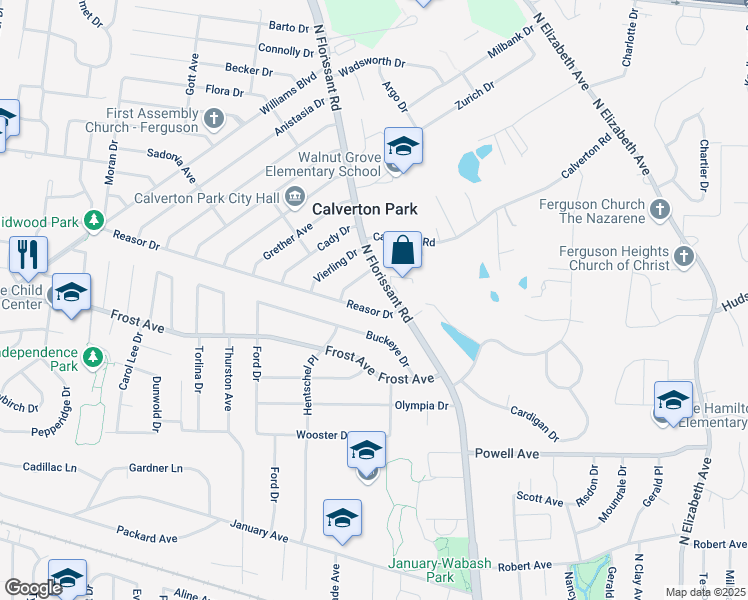 map of restaurants, bars, coffee shops, grocery stores, and more near 25 Reasor Drive in St. Louis