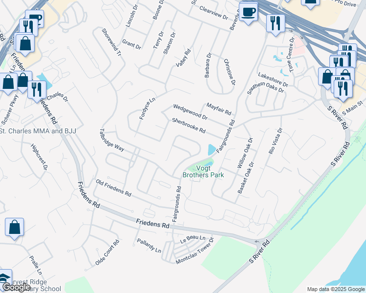 map of restaurants, bars, coffee shops, grocery stores, and more near 1016 Windward Psg in Saint Charles