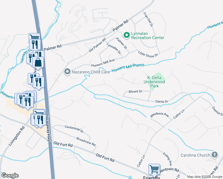 map of restaurants, bars, coffee shops, grocery stores, and more near 1503 Dania Drive in Fort Washington