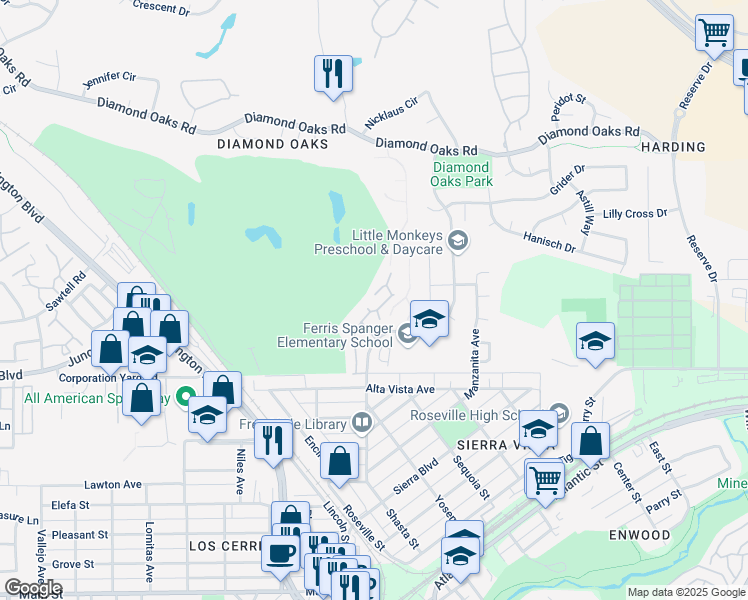 map of restaurants, bars, coffee shops, grocery stores, and more near 291 Castlewood Circle in Roseville