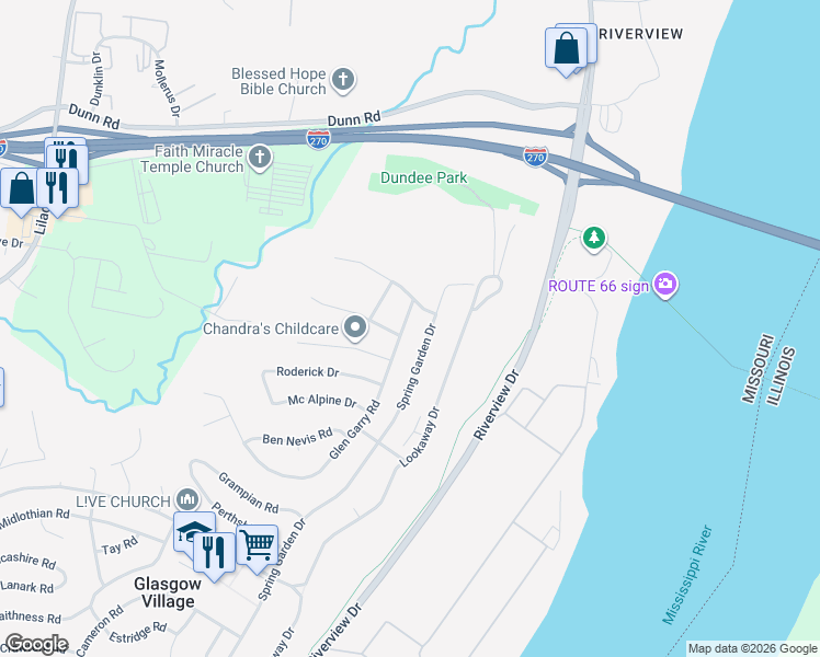 map of restaurants, bars, coffee shops, grocery stores, and more near 10828 Glen Garry Road in St. Louis