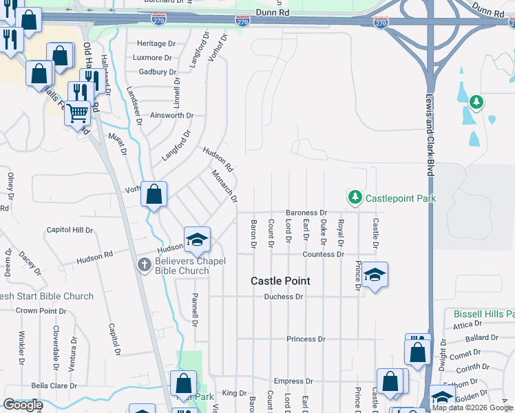 map of restaurants, bars, coffee shops, grocery stores, and more near 10501 Count Drive in St. Louis