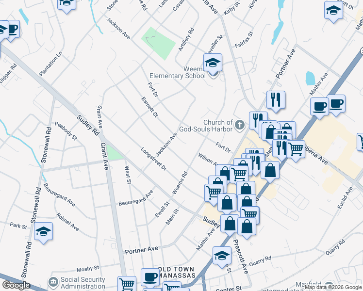 map of restaurants, bars, coffee shops, grocery stores, and more near 8904 Barnett Street in Manassas