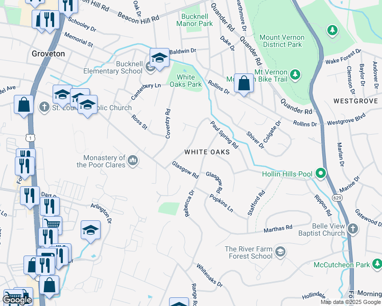 map of restaurants, bars, coffee shops, grocery stores, and more near 7117 Devonshire Road in Alexandria
