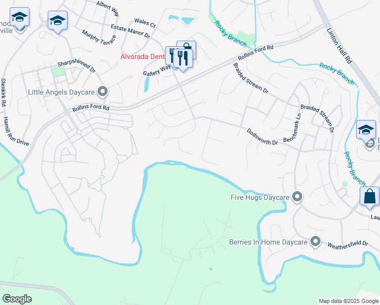 map of restaurants, bars, coffee shops, grocery stores, and more near 9032 Enochs Court in Gainesville