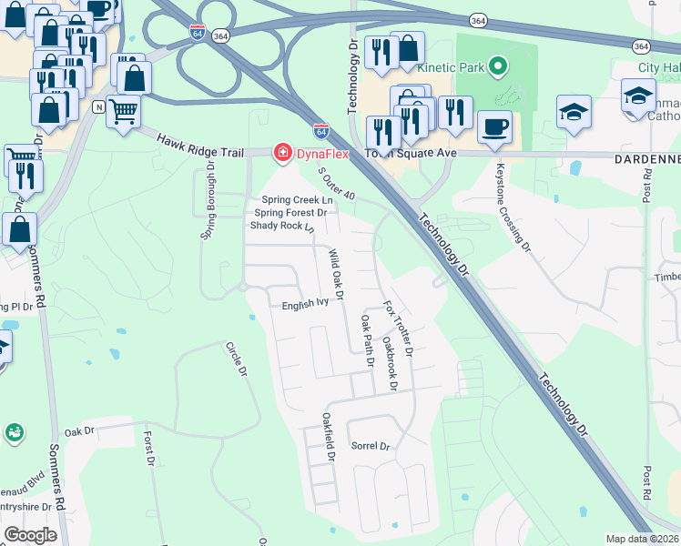 map of restaurants, bars, coffee shops, grocery stores, and more near 448 Wild Oak Drive in Dardenne Prairie
