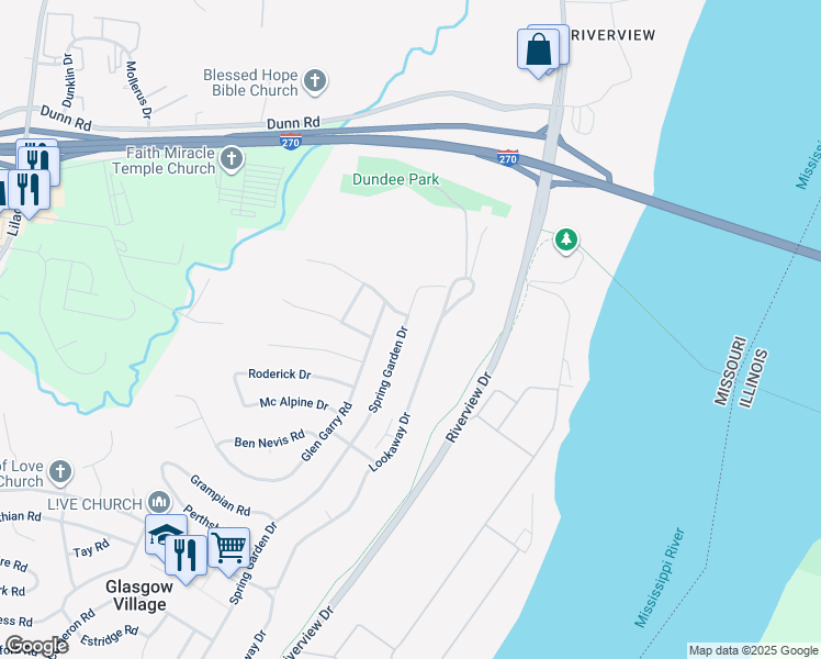 map of restaurants, bars, coffee shops, grocery stores, and more near 10824 Spring Garden Drive in St. Louis
