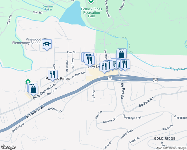 map of restaurants, bars, coffee shops, grocery stores, and more near 6421 Elm Street in Pollock Pines