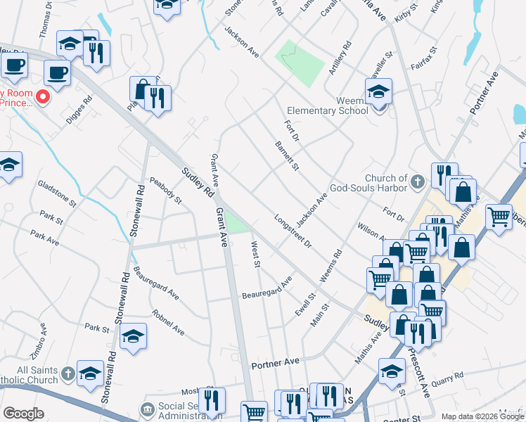 map of restaurants, bars, coffee shops, grocery stores, and more near 8920 Longstreet Drive in Manassas