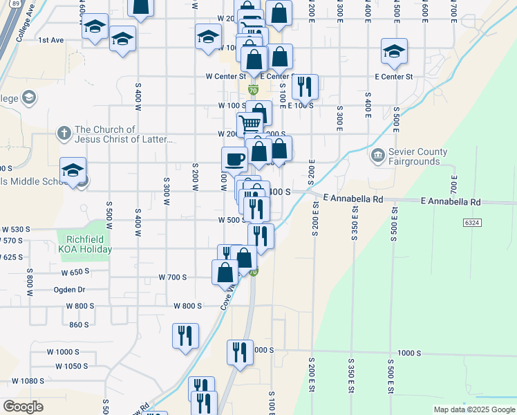 map of restaurants, bars, coffee shops, grocery stores, and more near 401-499 S Main St in Richfield