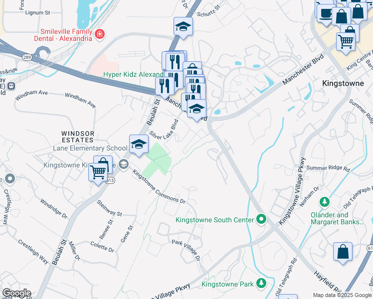 map of restaurants, bars, coffee shops, grocery stores, and more near 6185 Les Dorson Lane in Alexandria