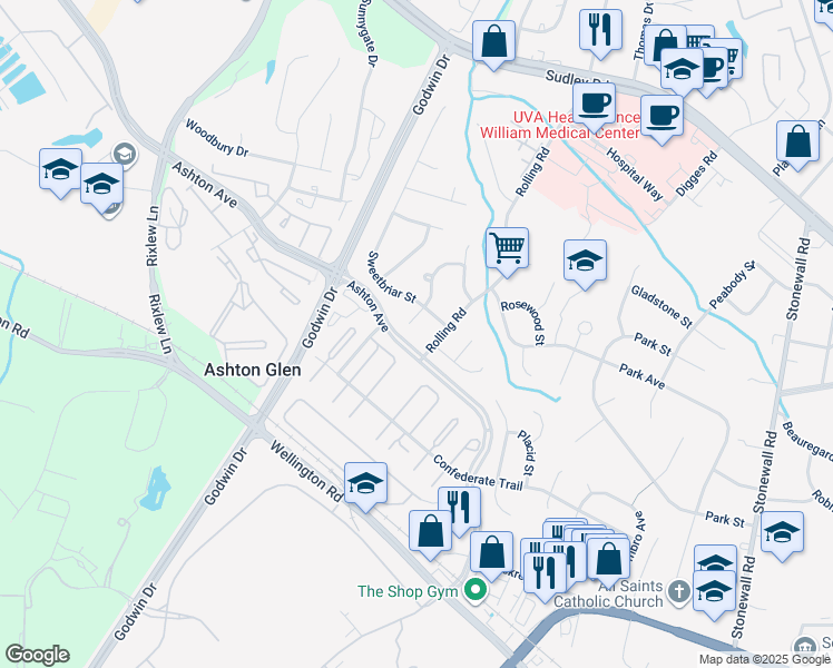 map of restaurants, bars, coffee shops, grocery stores, and more near 9975 Mallow Court in Manassas