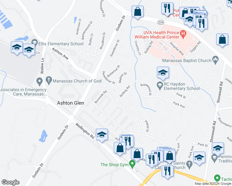 map of restaurants, bars, coffee shops, grocery stores, and more near 9975 Mallow Court in Manassas
