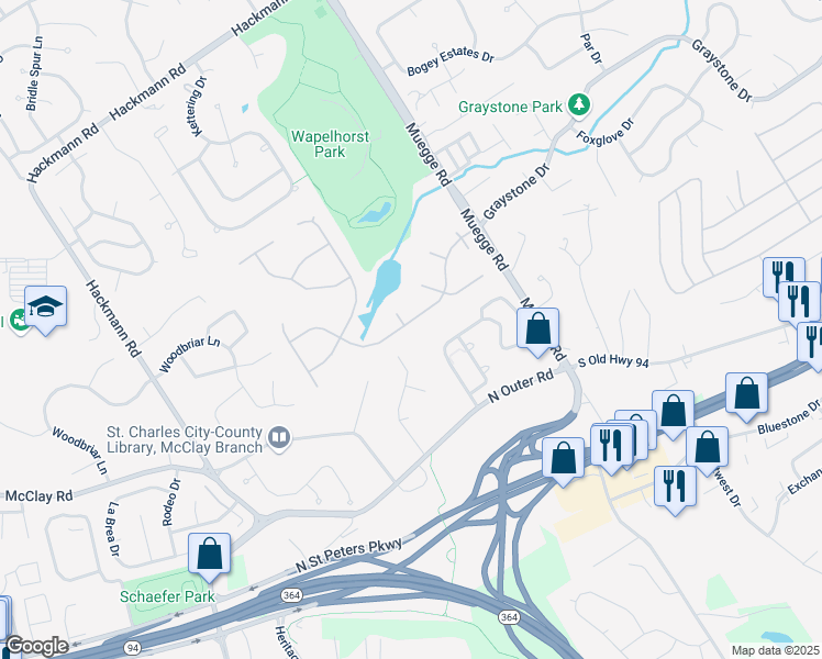 map of restaurants, bars, coffee shops, grocery stores, and more near 2362 Spring Mill Estates Drive in Saint Charles