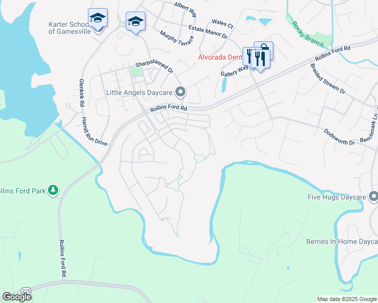 map of restaurants, bars, coffee shops, grocery stores, and more near 9036 Woodpecker Court in Gainesville